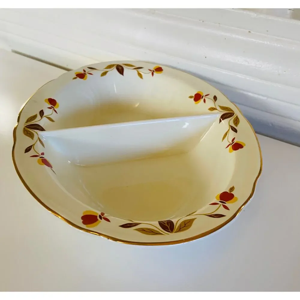 VINTAGE 1930s Hall China Mary Dunbar Autumn Leaf Divided Oval Vegetable Bowl